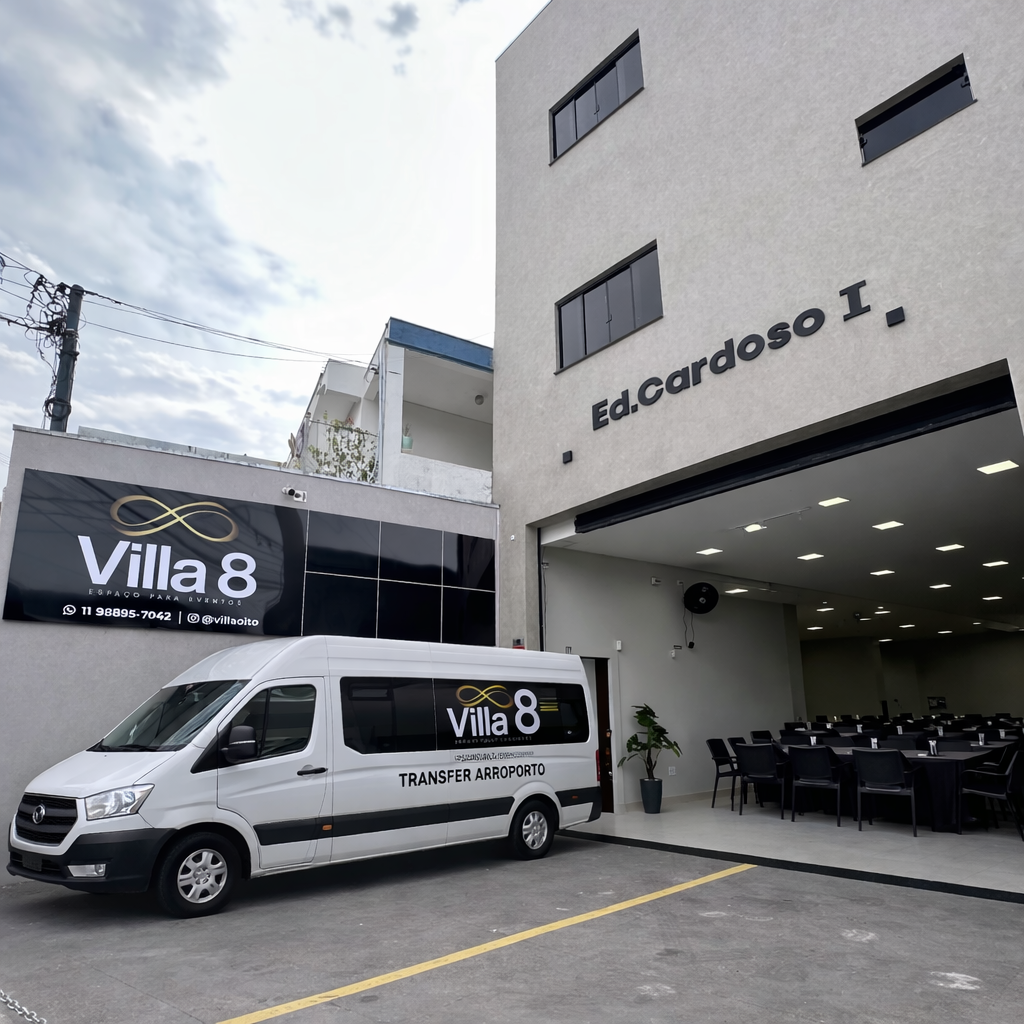 Van do Villa 8 em frente ao prédio e salão ao fundo